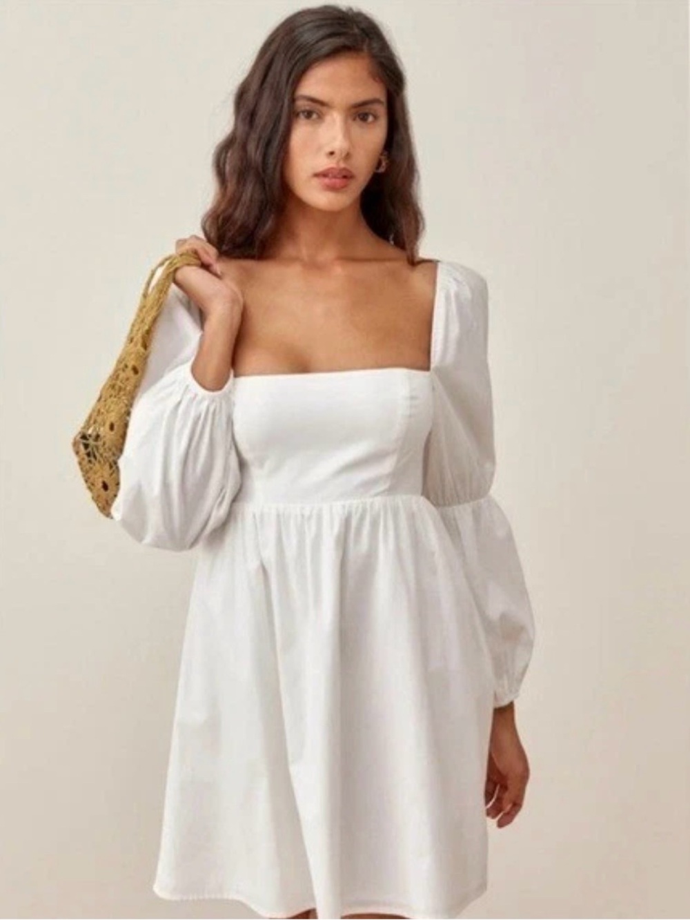 Reformation Michaela White Square-Neck Puff Sleeve Mini Dress